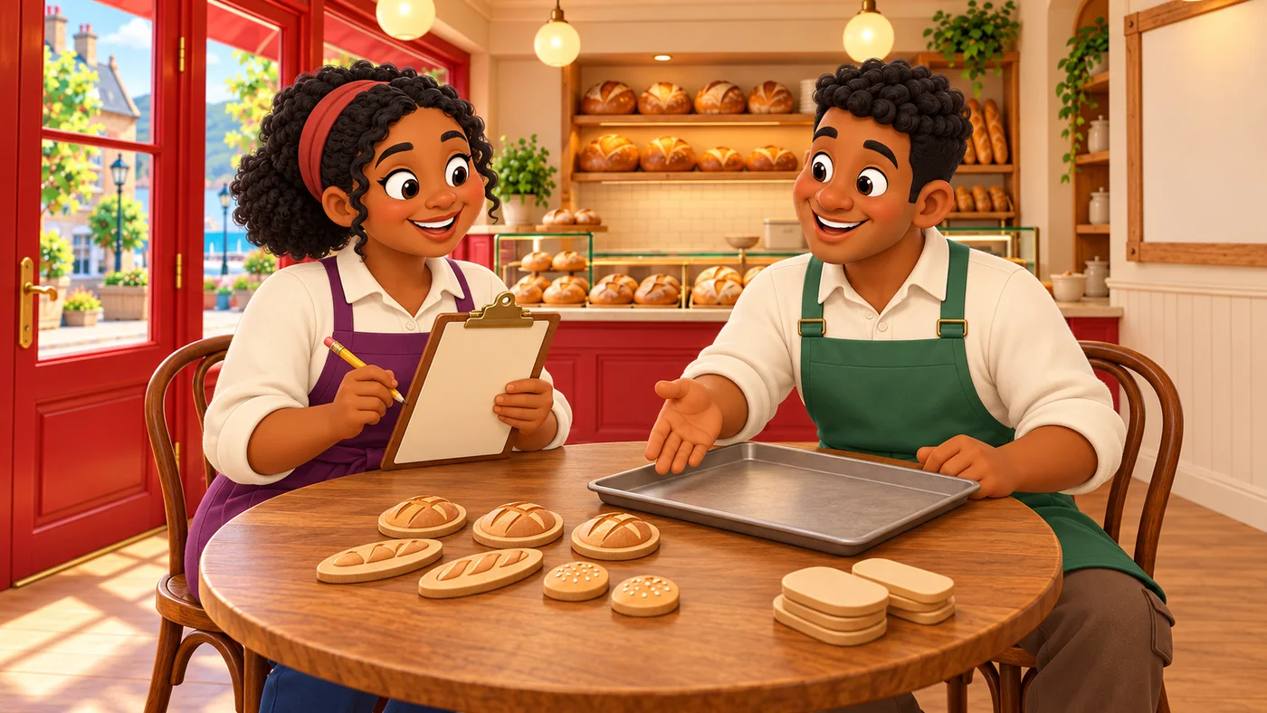 Thomas and Mairi discuss the baking plan beside wooden bread-shaped counters and a clipboard.