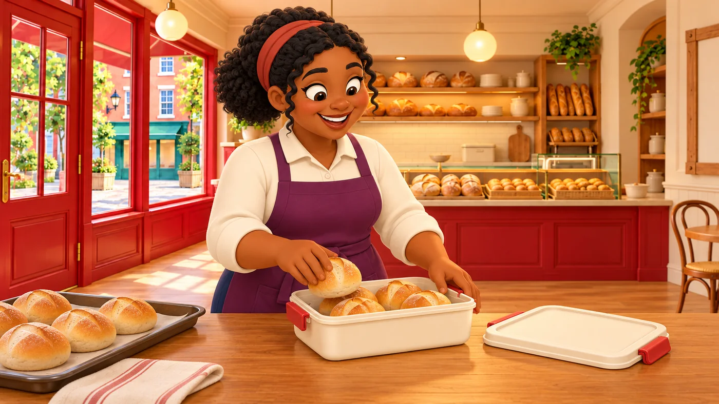 Mairi places suitable bread rolls into a food-storage tub. The lid is beside the tub, ready to close.