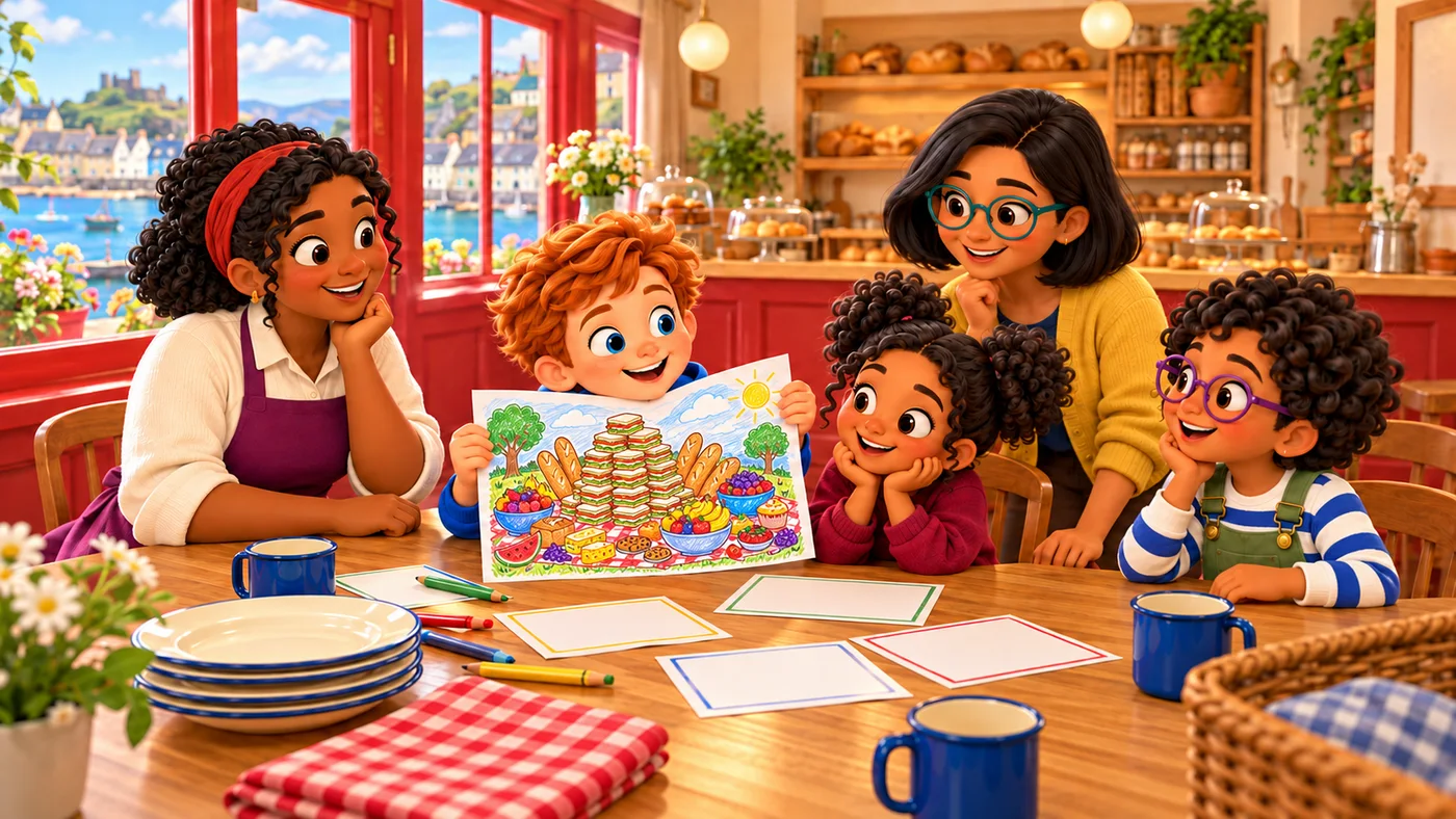 Euan holds up a drawing of a huge mountain of picnic food while Mairi, Isla, Zara and Rowan listen.