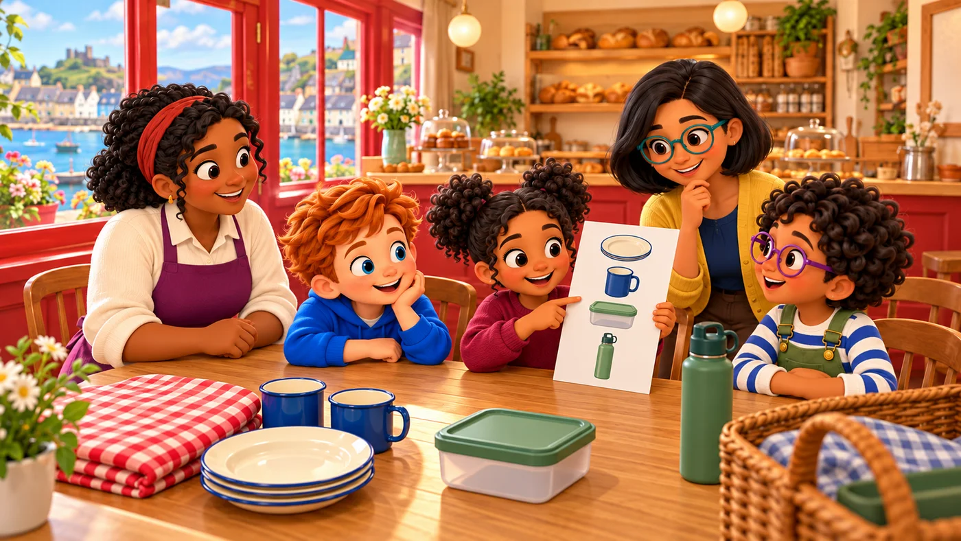 Zara shows a picture list of a plate, cup, food tub and bottle. Matching picnic things are on the table.