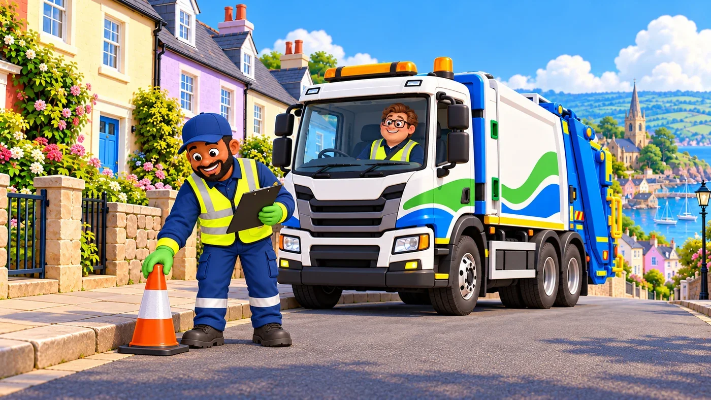 Malik sets out a cone beside the parked lorry.