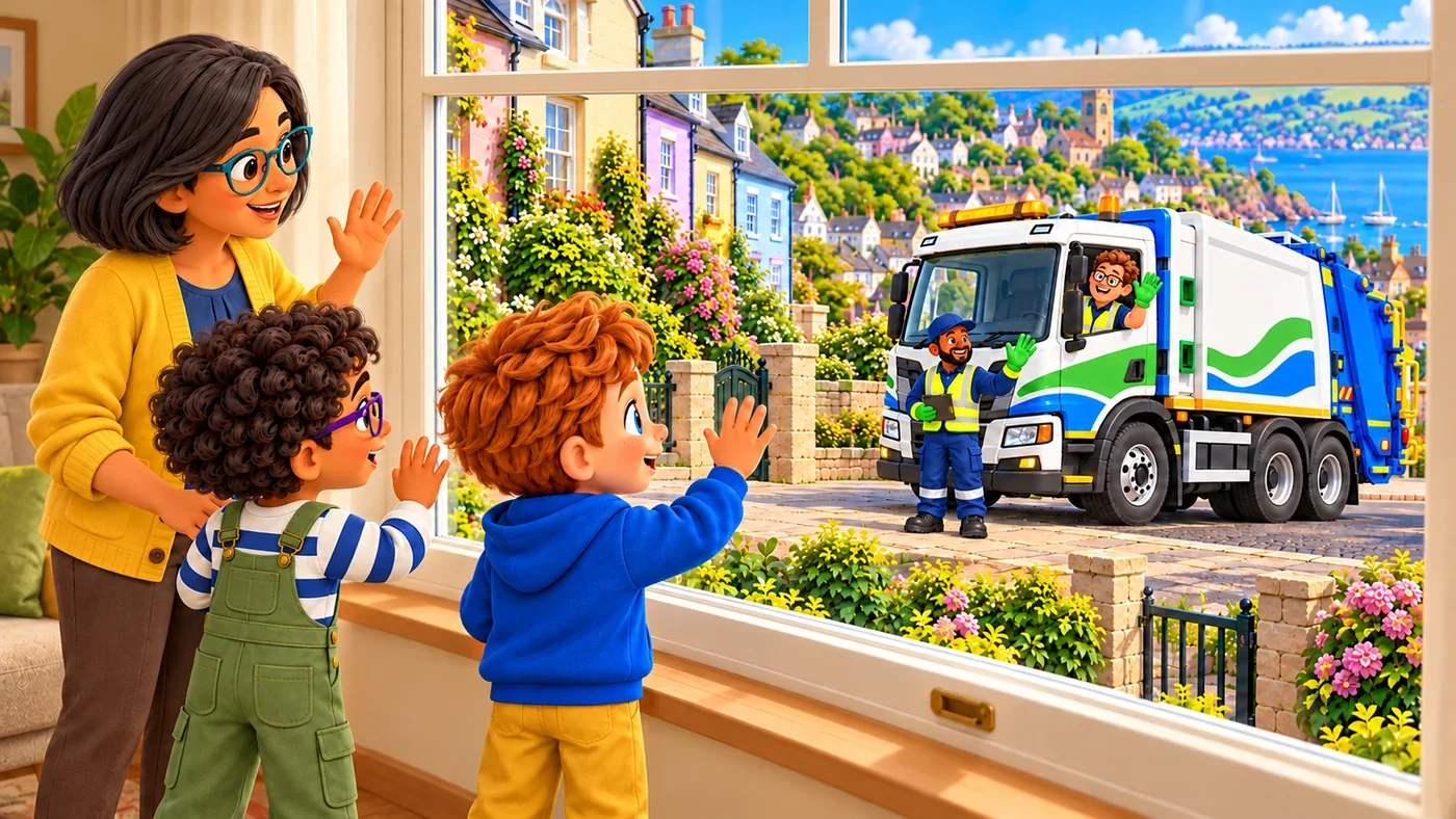 Malik and Eddie wave back to the children at the window.