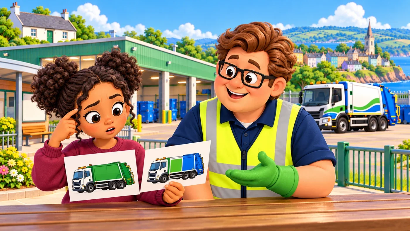 Zara looks puzzled as she compares two pictures of different lorries, with Eddie right beside her.