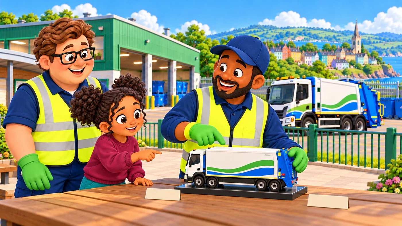 Malik holds a small closed model lorry with two separate sections while Zara points from beside Eddie.