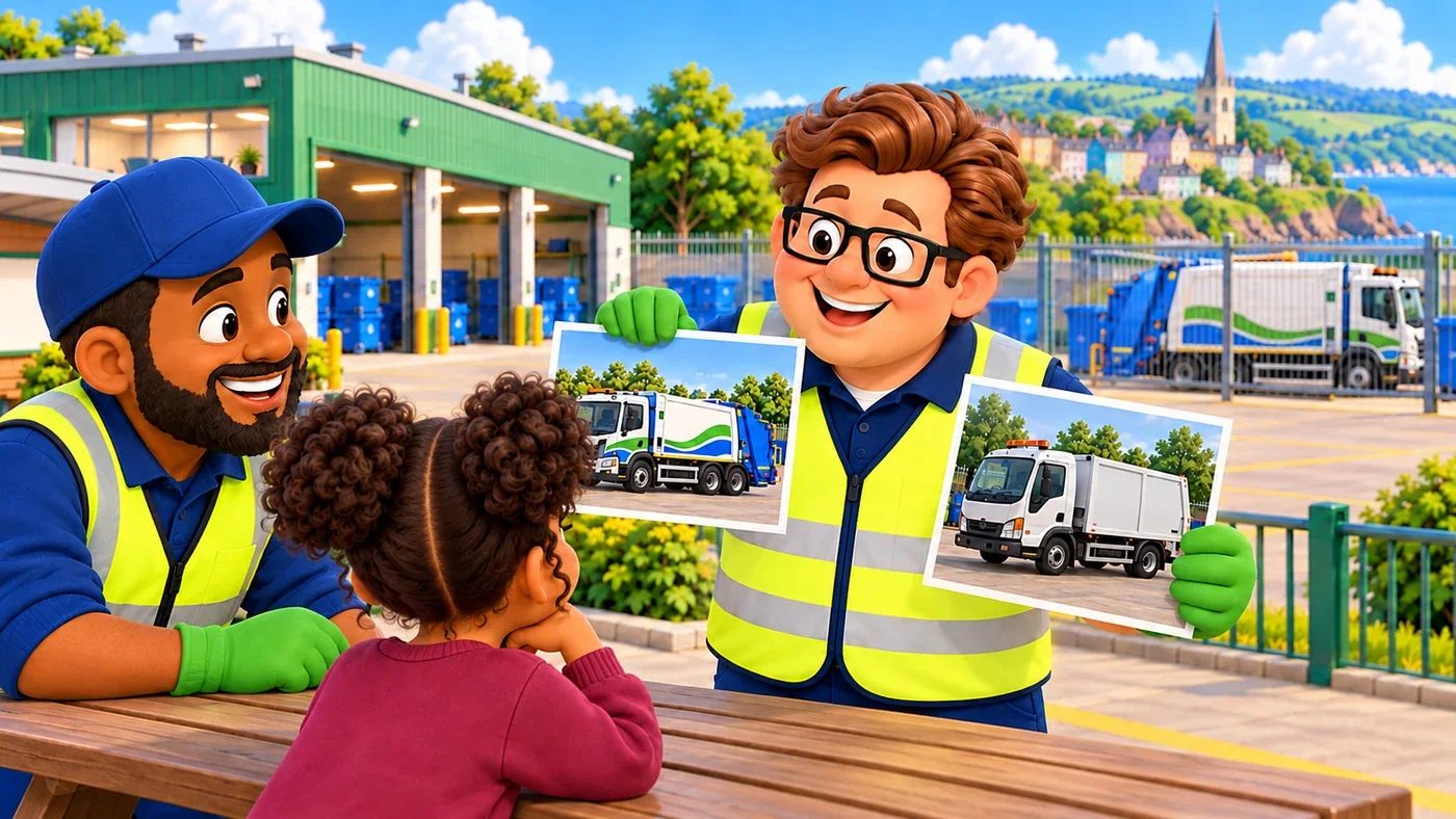 Eddie shows two different lorry photos while Malik and Zara listen.