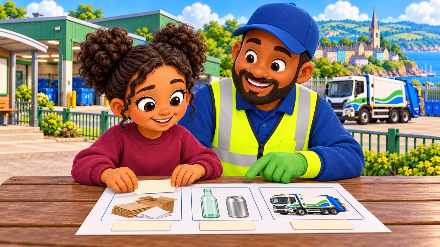 Zara adds blank caption tabs beside pictures of paper and card and a glass bottle, with Malik beside her.