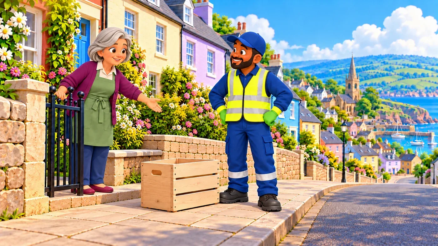 May points to a low stone bench inside her garden while Malik listens from the pavement.