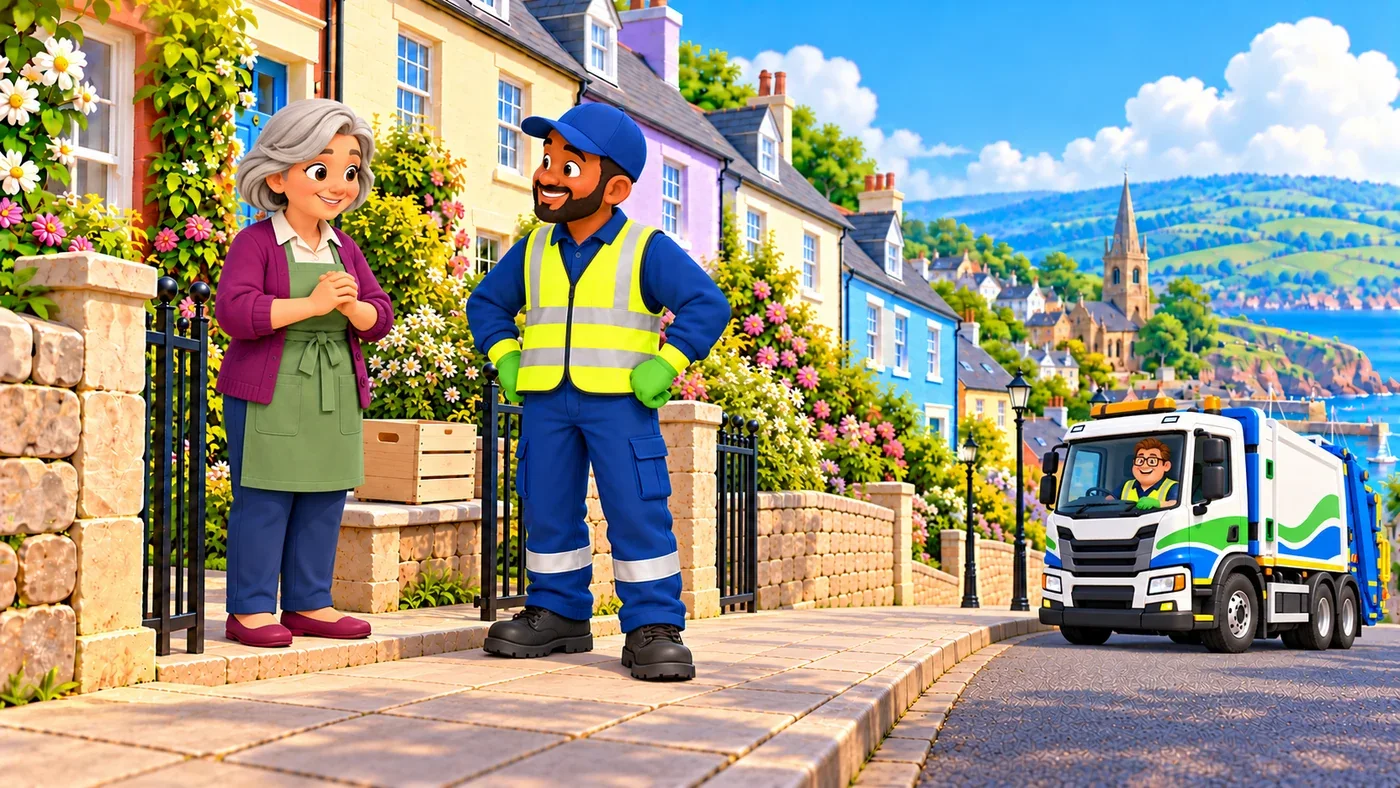 Eddie waits in the parked lorry down the street while May and Malik stand by the gate.