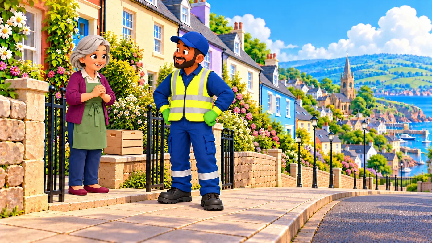 The crate sits on the bench inside the garden, and the pavement is clear.