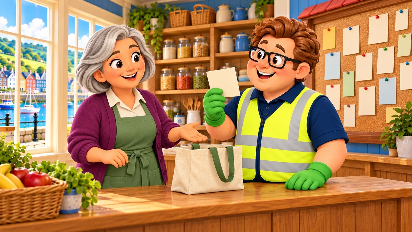 May talks with Eddie at the counter beside a reusable bag.