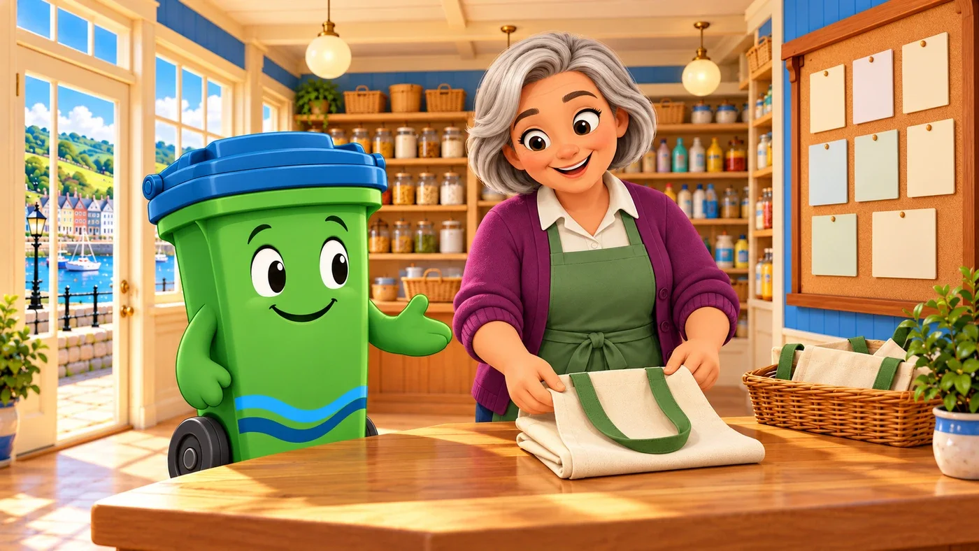 Buddy and May at the counter with a folded reusable bag.