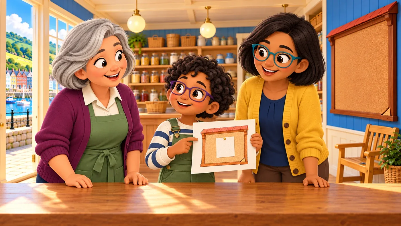 Rowan shows May and Isla a drawing of the noticeboard.