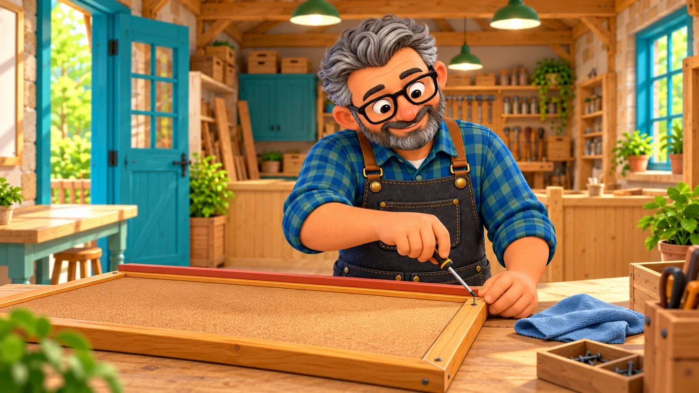 Stan mends the noticeboard on his workbench.