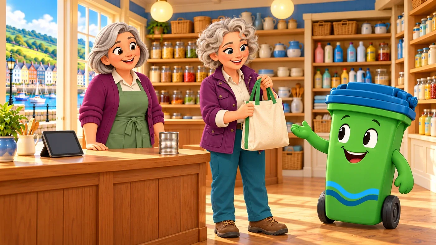 Buddy holds a reusable bag beside Cecily.