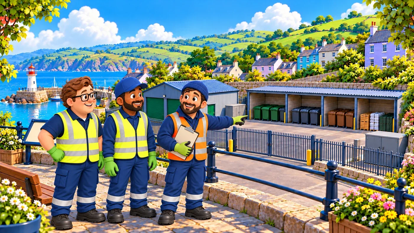 Iain shows Eddie and Malik the closed storage bays by the island yard.