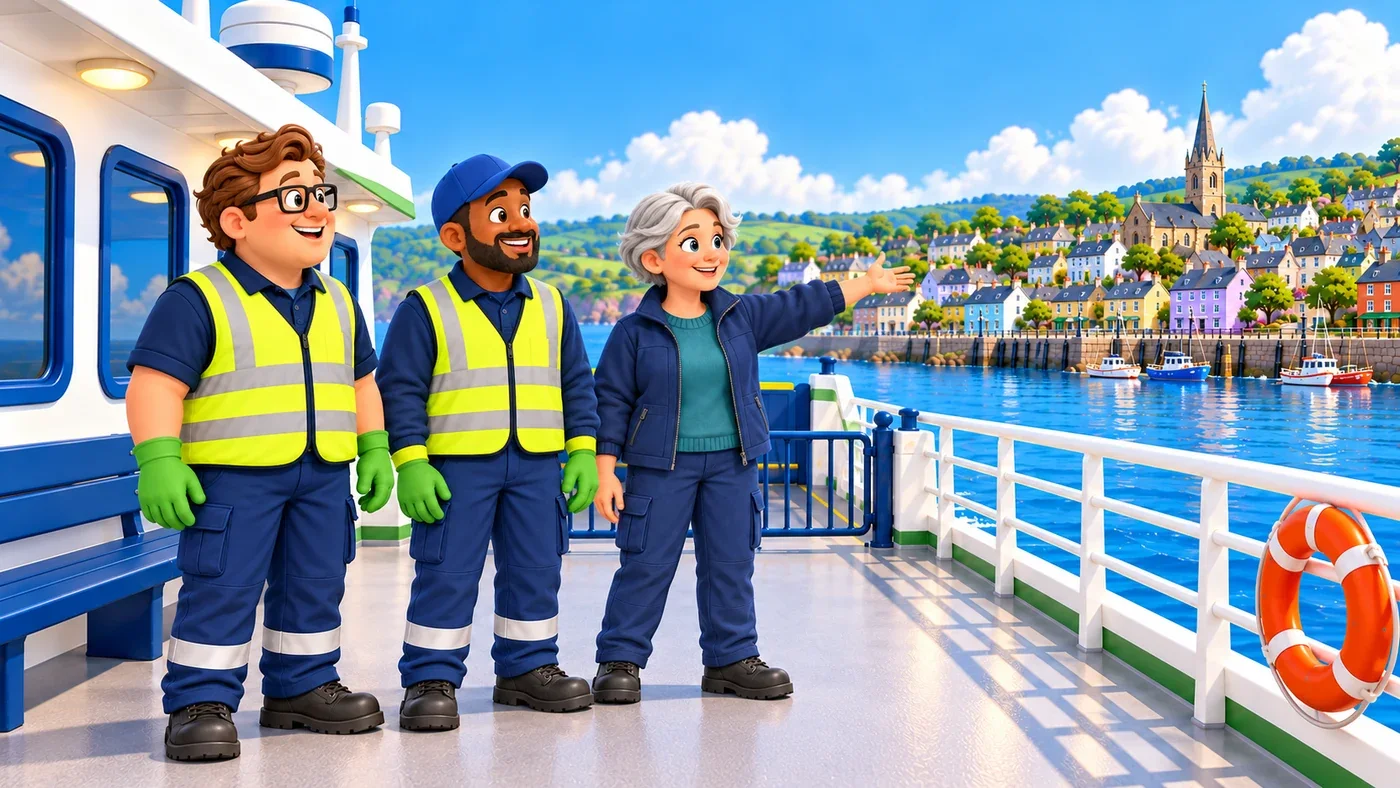 Morag points towards the mainland while Eddie and Malik look out from the deck.