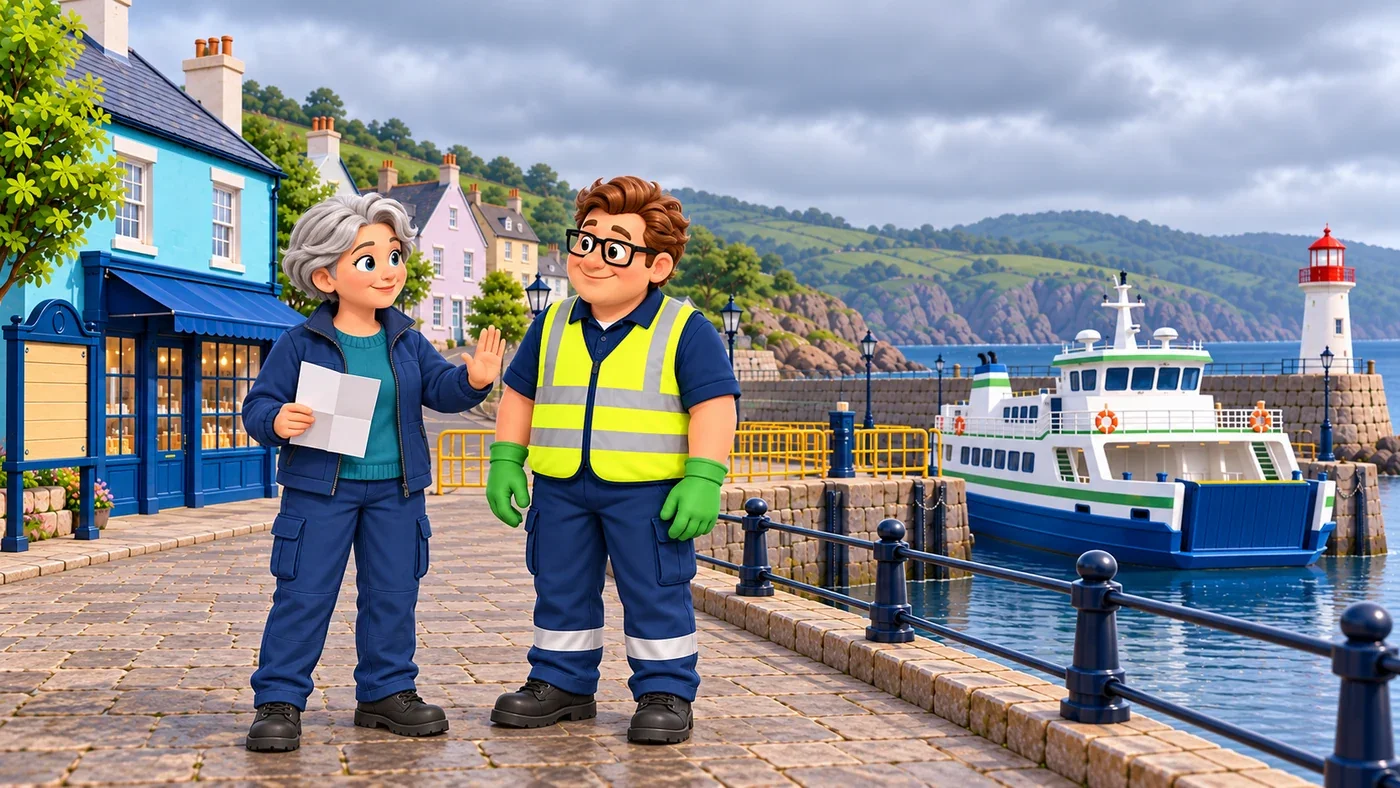 Under grey clouds, Morag holds up one hand to say wait, and Eddie nods.