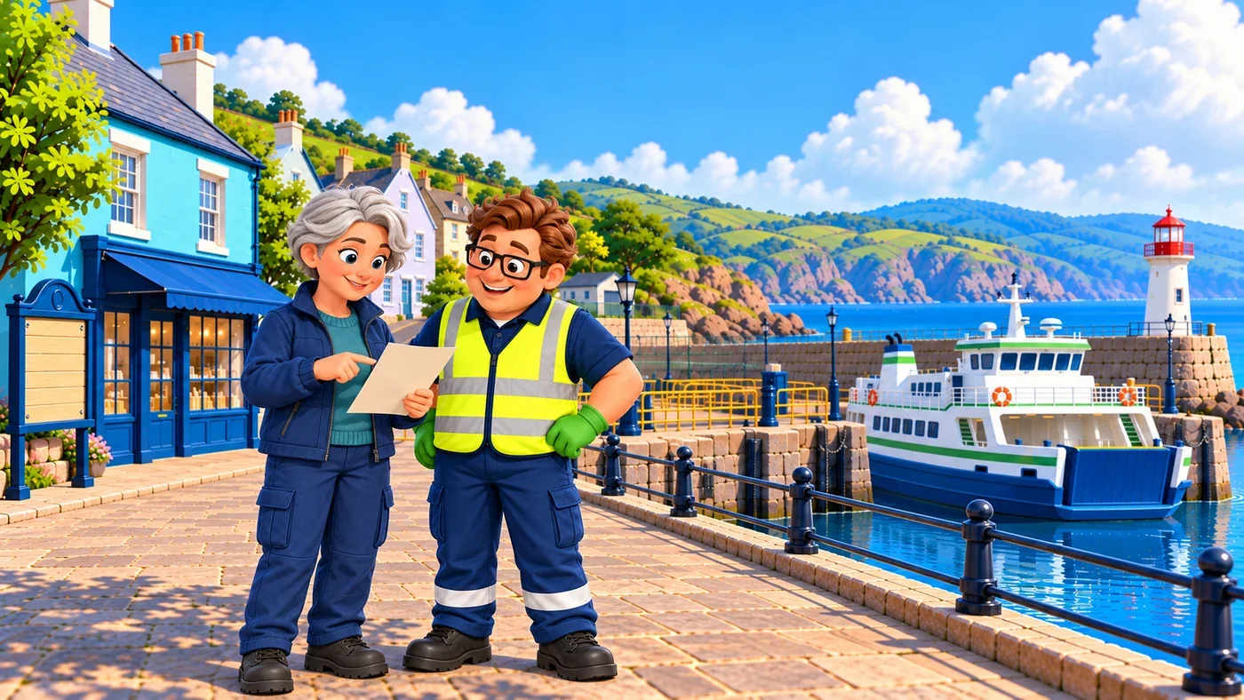 In sunshine, Morag and Eddie check the plan together beside the moored ferry.