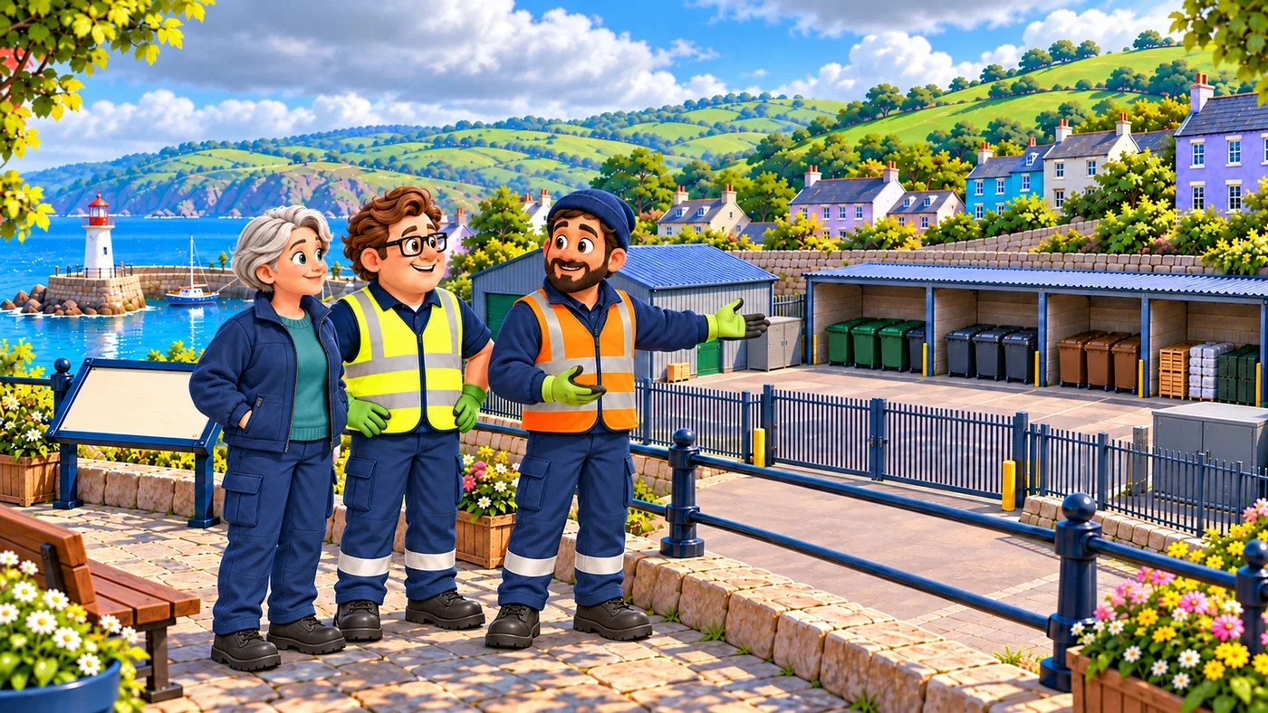 Iain points to the closed containers in the storage yard while Morag and Eddie listen.