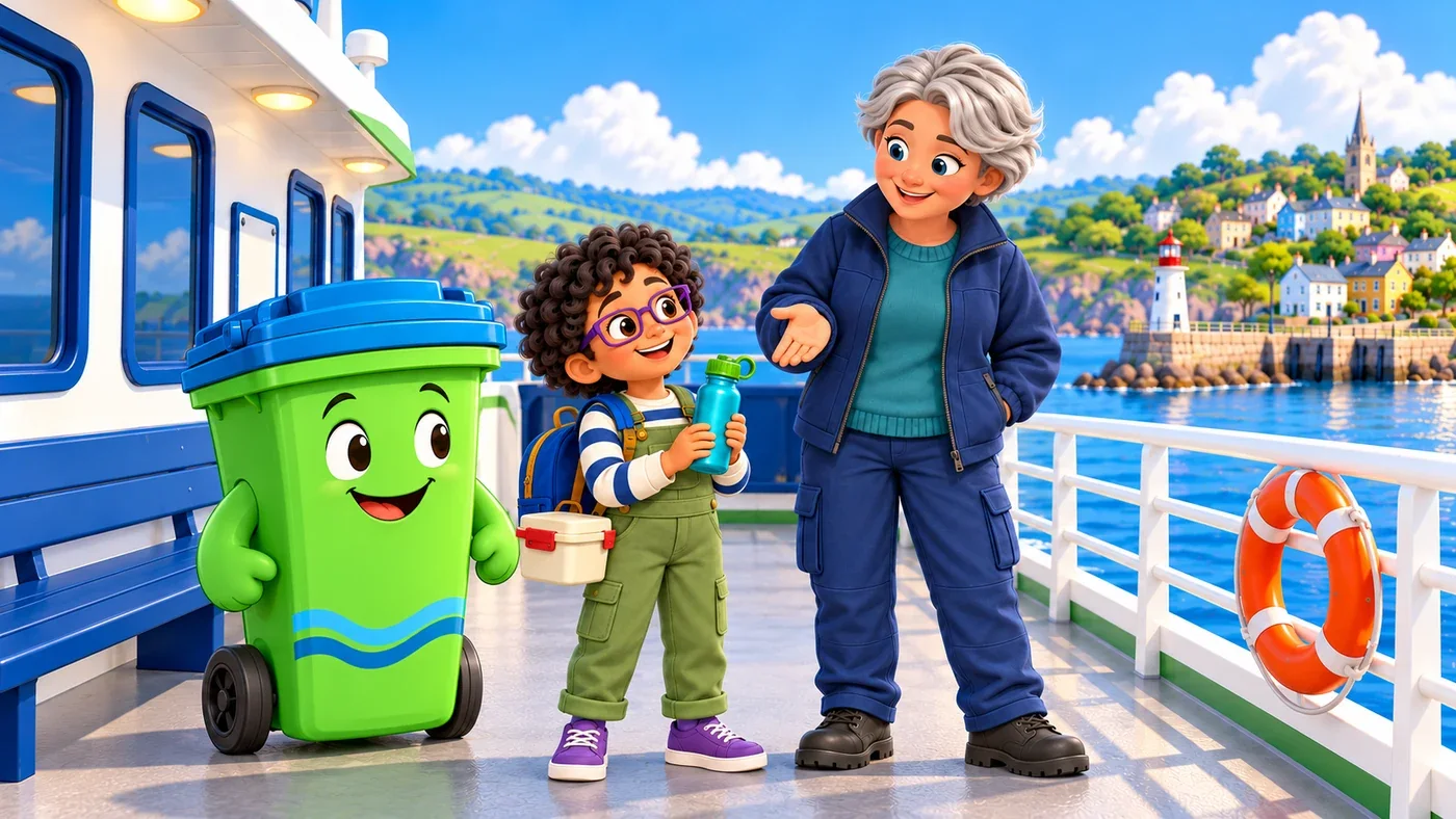 Morag talks with Rowan and Buddy on the ferry deck.