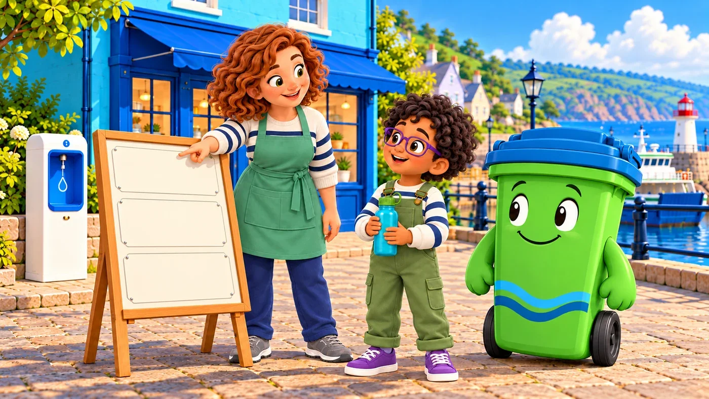 Ailsa, Rowan and Buddy beside a blank information board.