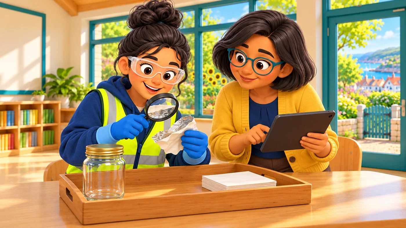 Priya, in clear glasses and blue gloves, looks at the wrapper through a magnifying glass while Isla checks a tablet.