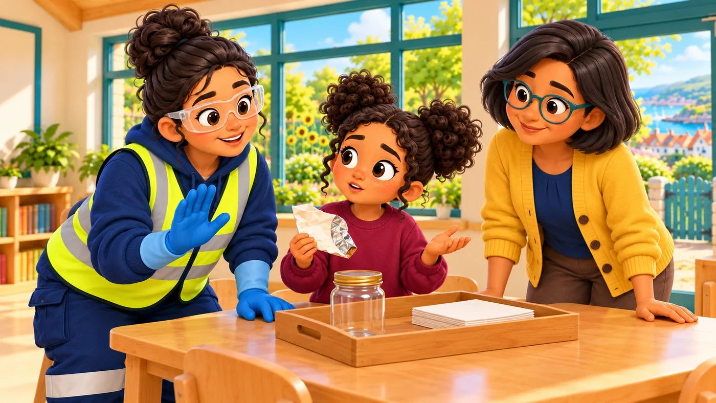Zara holds up the wrapper and asks a question while Priya listens, with Isla behind them.