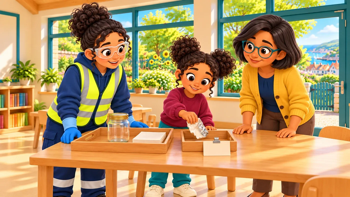Zara puts the wrapper on its own small tray with a blank card clipped to it, while Priya and Isla watch. The jar and paper stay on the big tray.