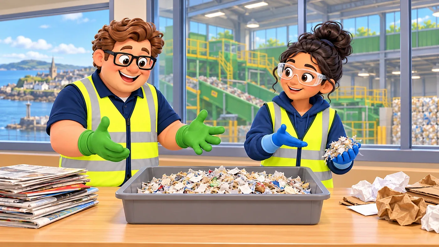 Eddie holds his hands apart as if expecting a book, while Priya smiles beside the tray of paper.
