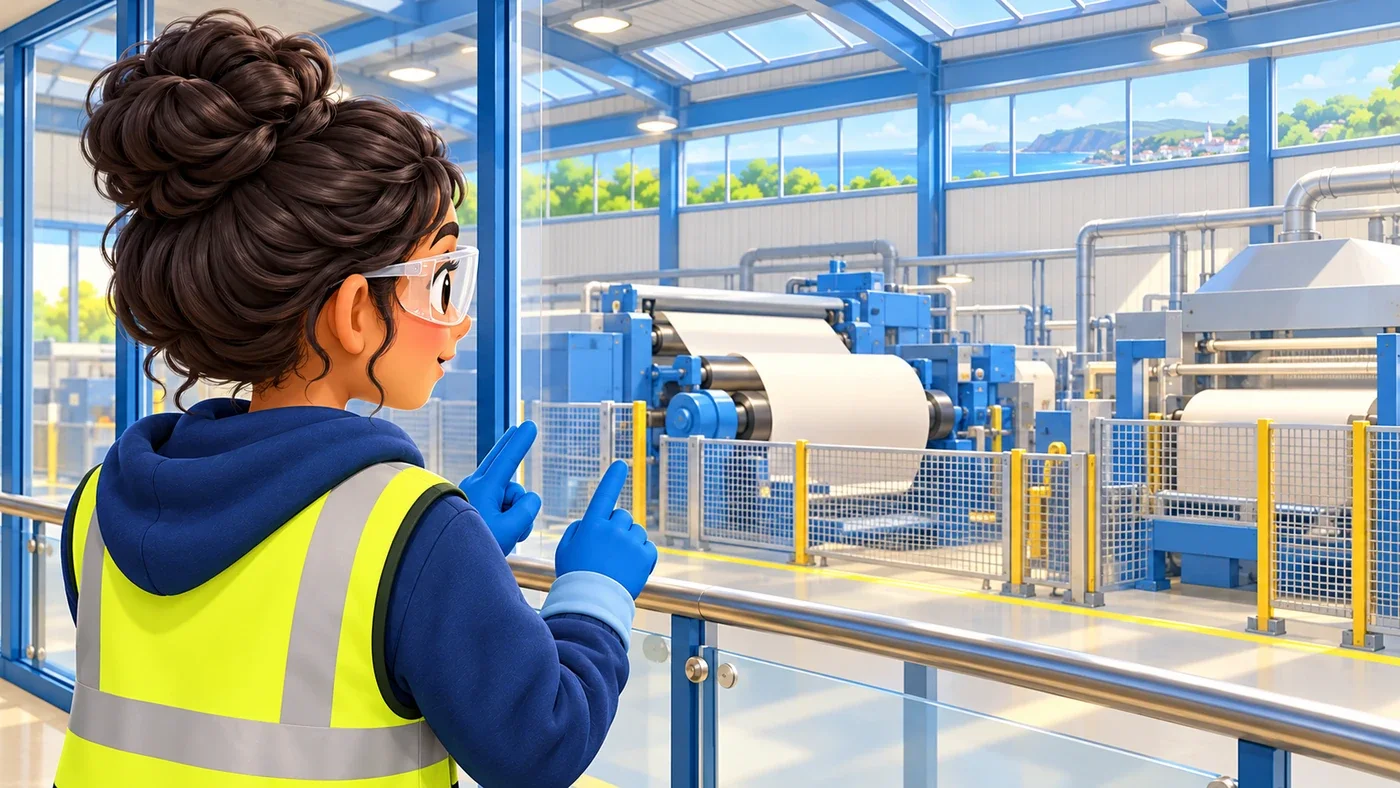 Through the gallery glass, Priya looks at guarded rollers and a separate dryer.
