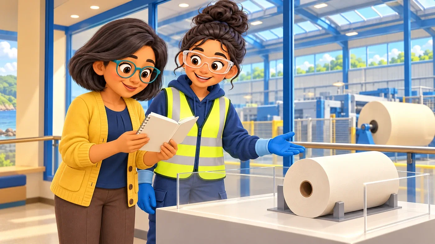 Isla looks at a finished notebook next to a roll of paper while Priya points to them.