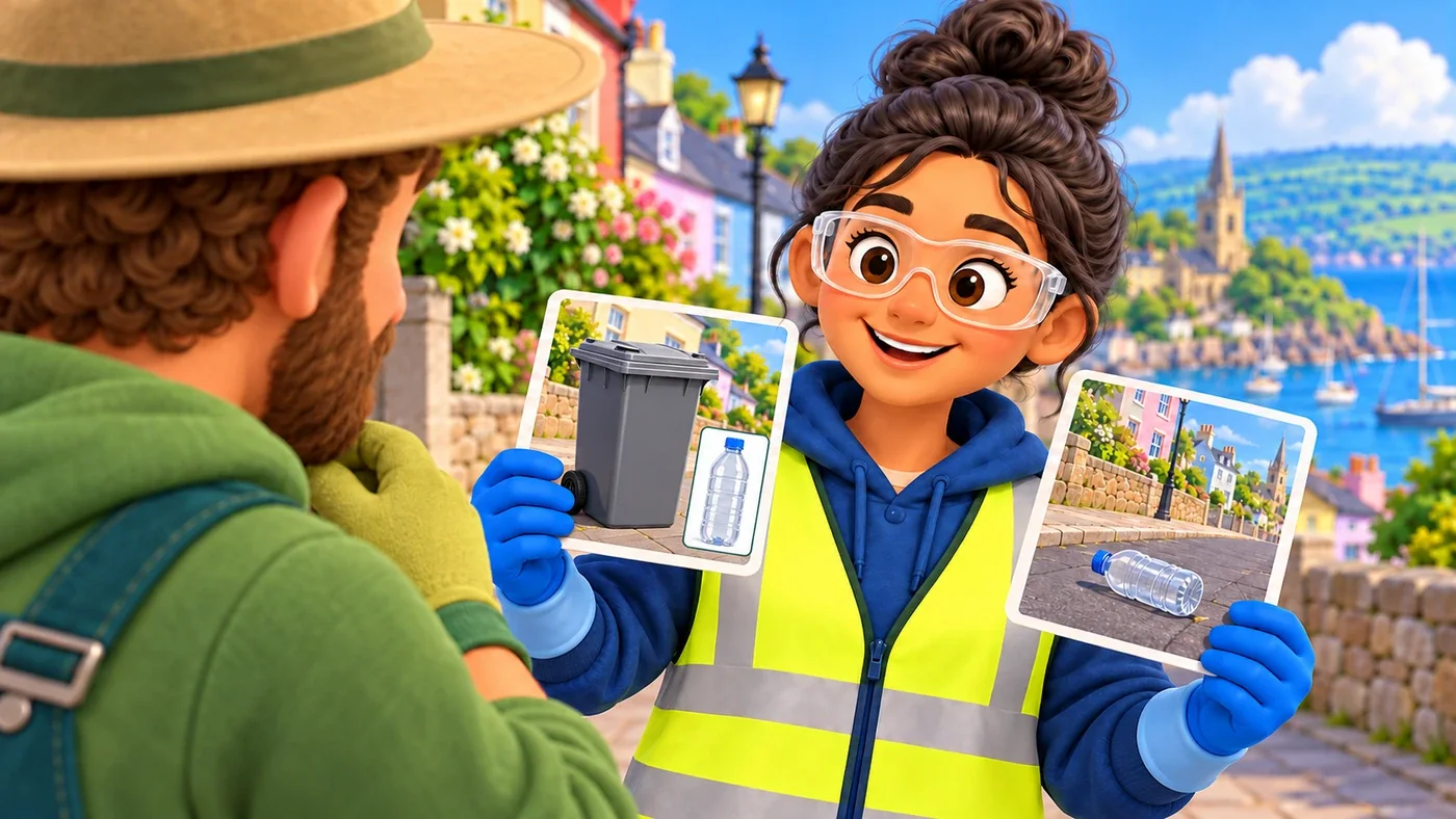 Priya holds two picture cards: on one, the bottle is inside a closed collection container; on the other, the same bottle lies loose on a street.