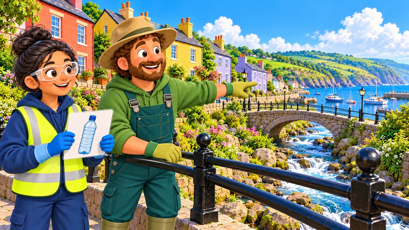 Arthur stands on a railed bridge over the town burn and points downstream, while Priya beside him holds the loose-bottle picture.
