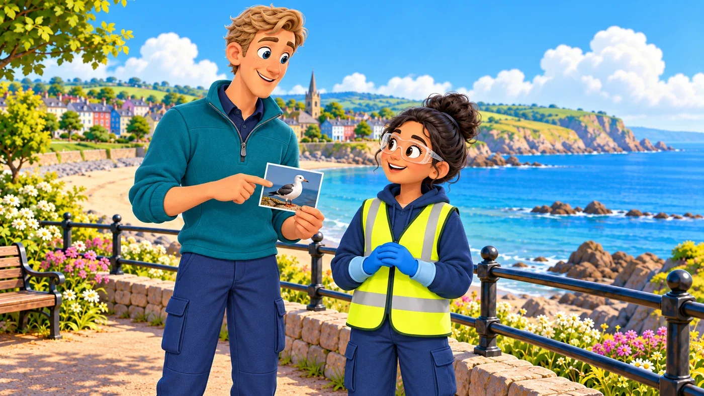 On a railed coastal path, tall Wee Wullie holds a small seabird photo card and talks calmly to Priya.