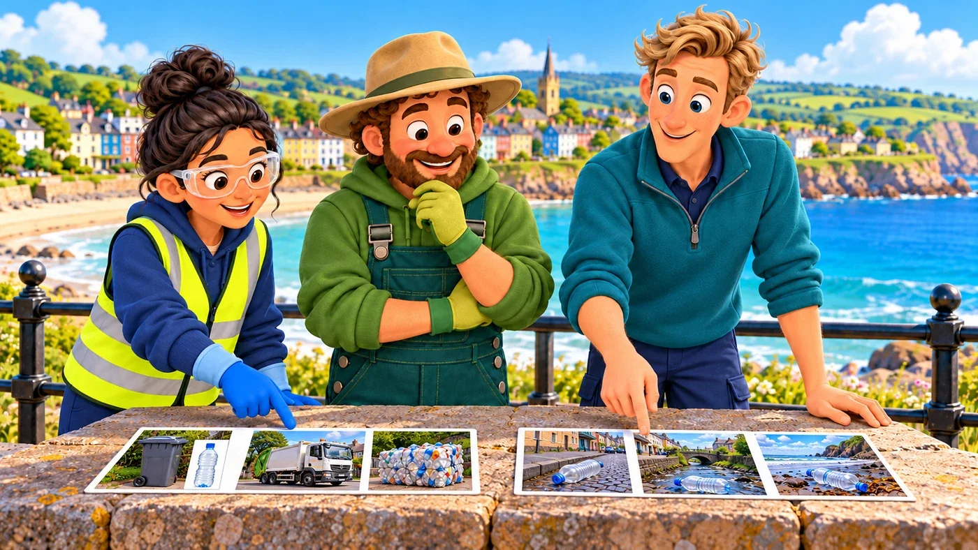 Priya, Arthur and Wee Wullie stand behind a railing at a coastal viewpoint and compare two sets of picture cards laid on a ledge.