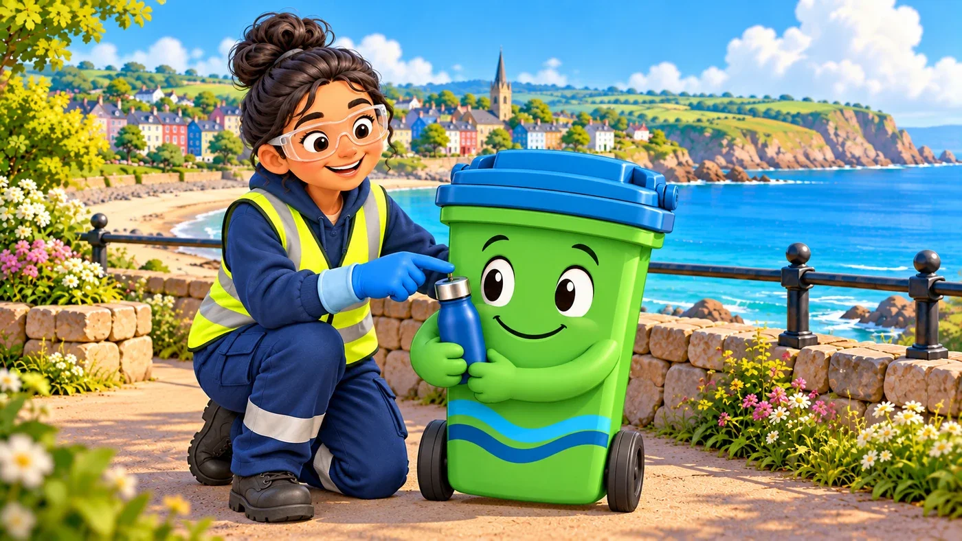 Buddy the green wheelie bin holds a blue reusable drinks bottle close to his body, while Priya kneels beside him on the coastal path.