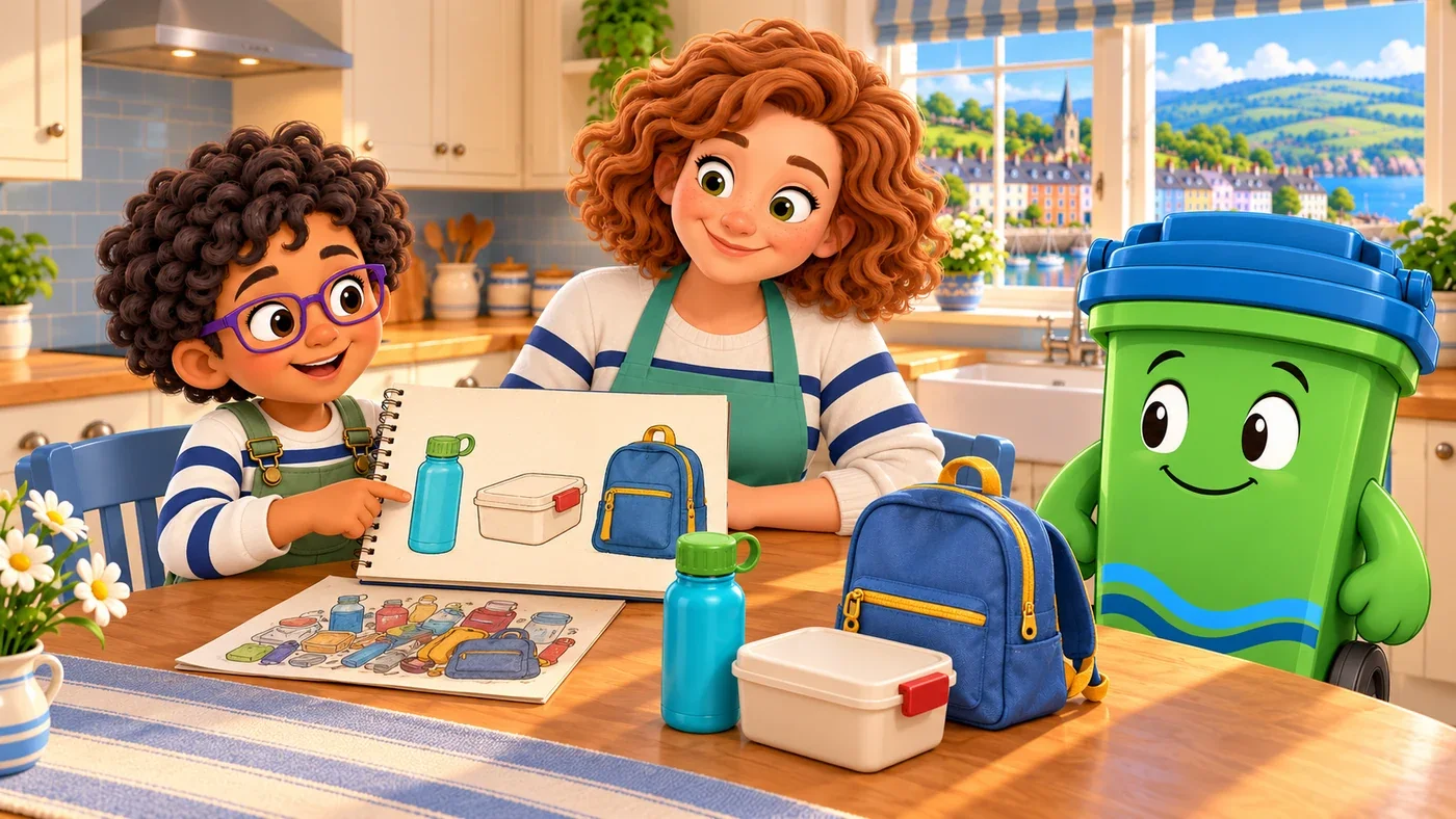 Rowan draws the bottle at the kitchen table.