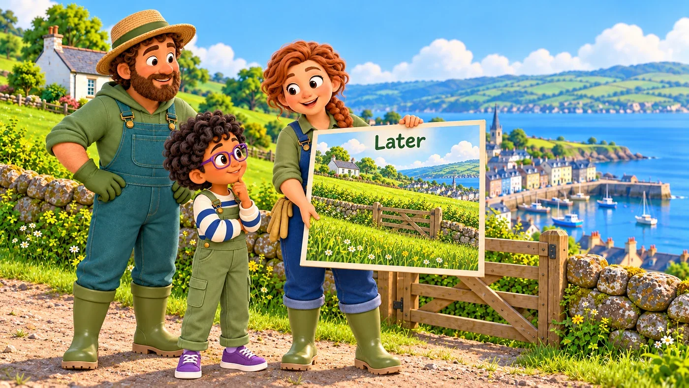 Fiona holds up a picture marked “Later” beside Arthur and Rowan.