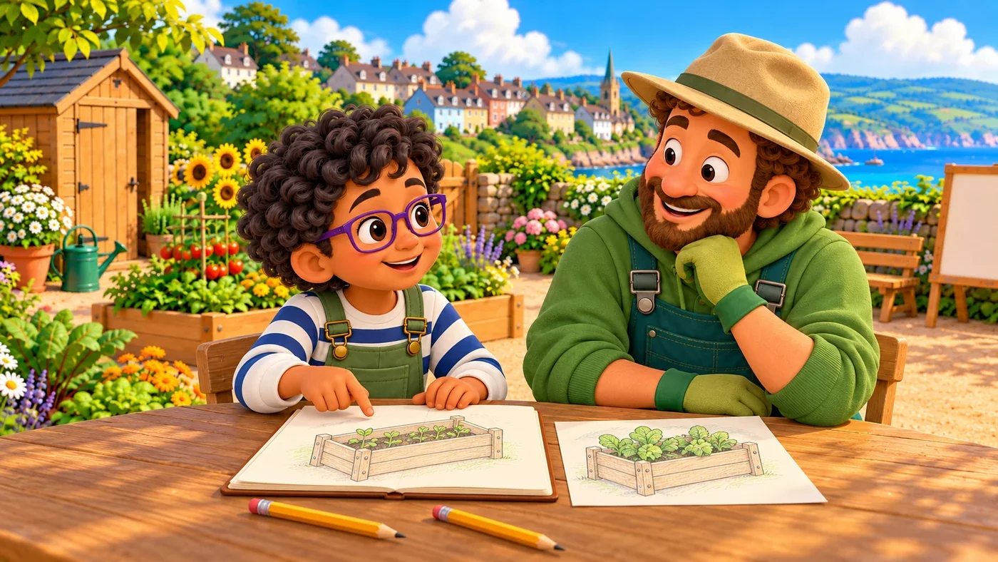 Rowan and Arthur look at the before-and-after drawings.