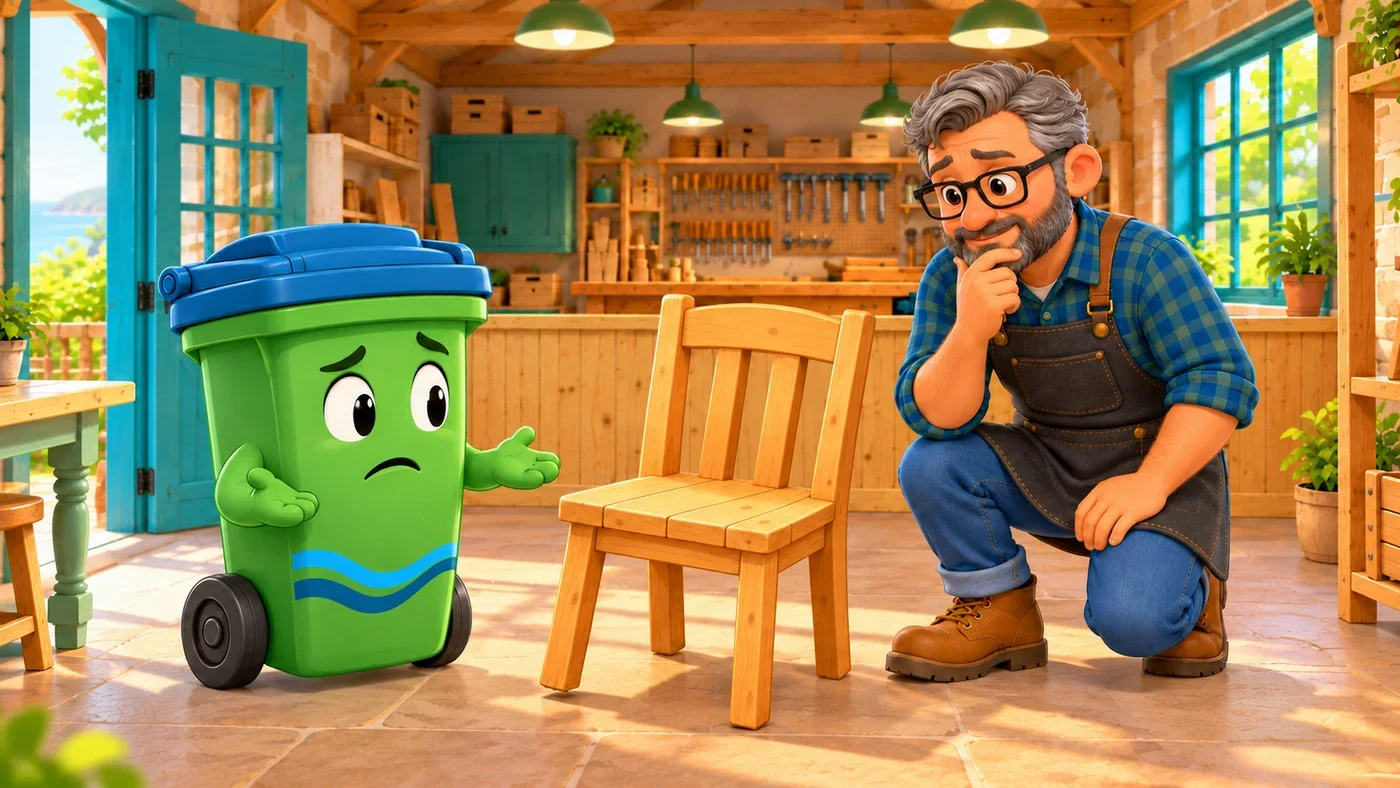 Buddy looks sadly at the chair while Stan thinks.