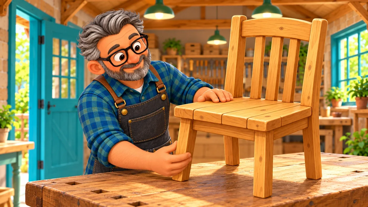 Stan checks the chair carefully on his workbench.