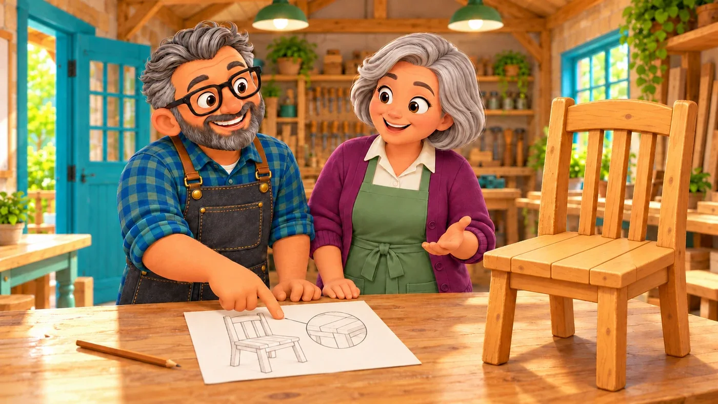 Stan shows May a drawing of the repair beside the chair.