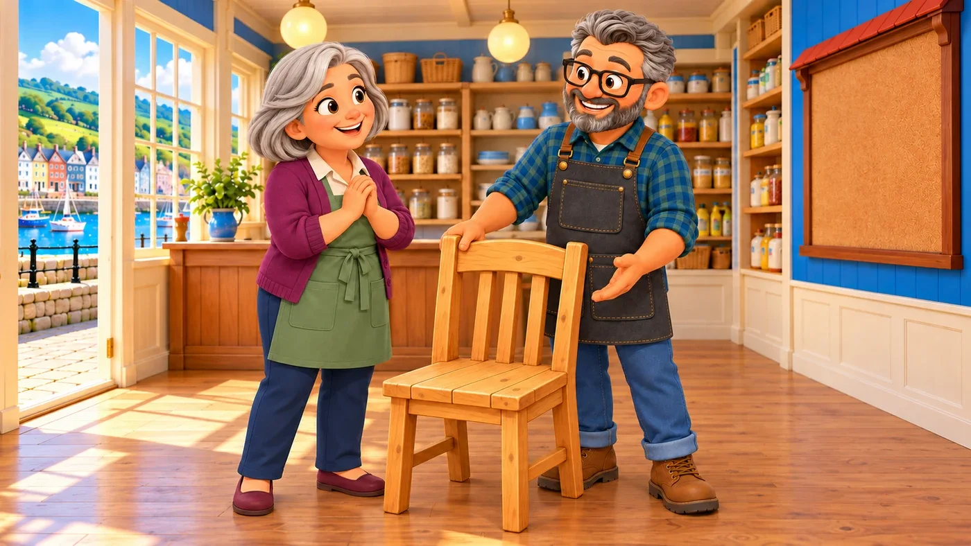 Stan and May with the mended chair back in the village store.
