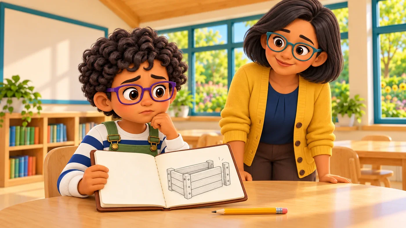 Rowan looks unsure about his quiet drawing.