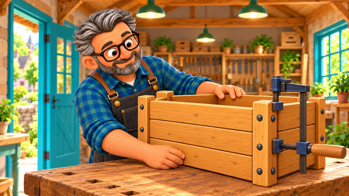 Stan repairs the planter in his workshop.