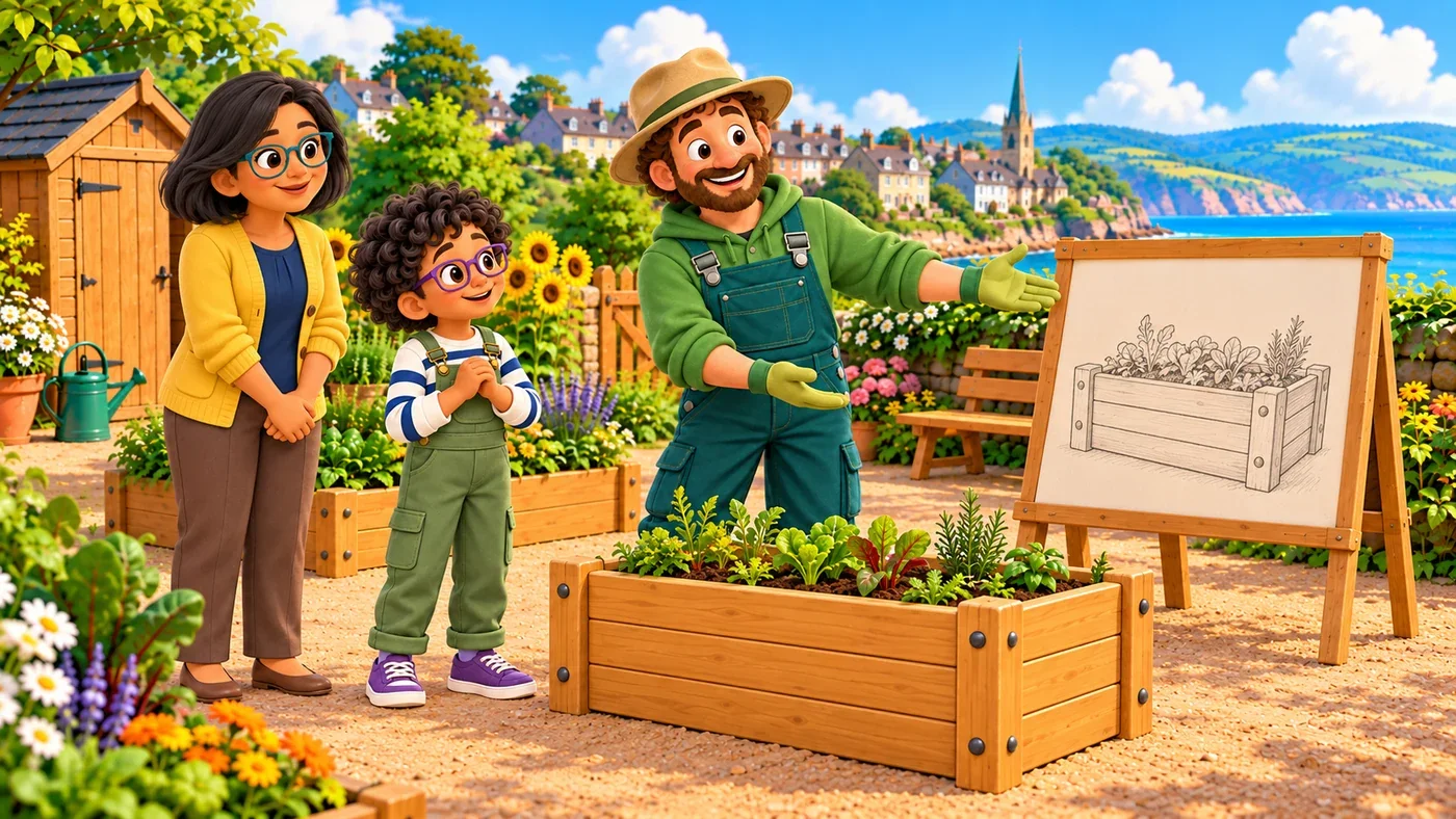Isla, Rowan and Arthur beside the planter and Rowan’s drawing.