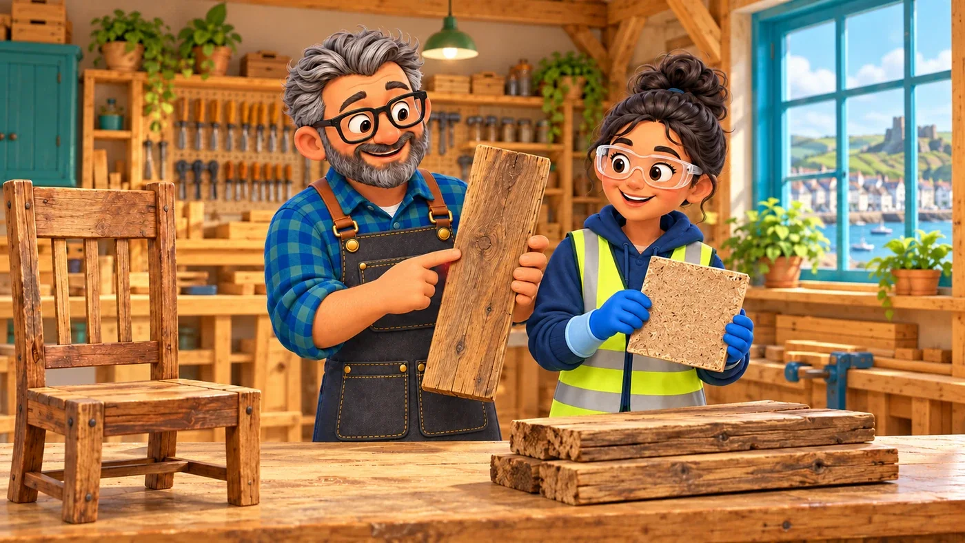 Stan shows a clean plank next to a repaired chair while Priya holds a piece of wood-fibre panel.