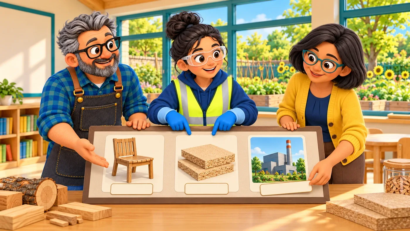 In a classroom, Isla, Stan and Priya add captions under three separate pictures.