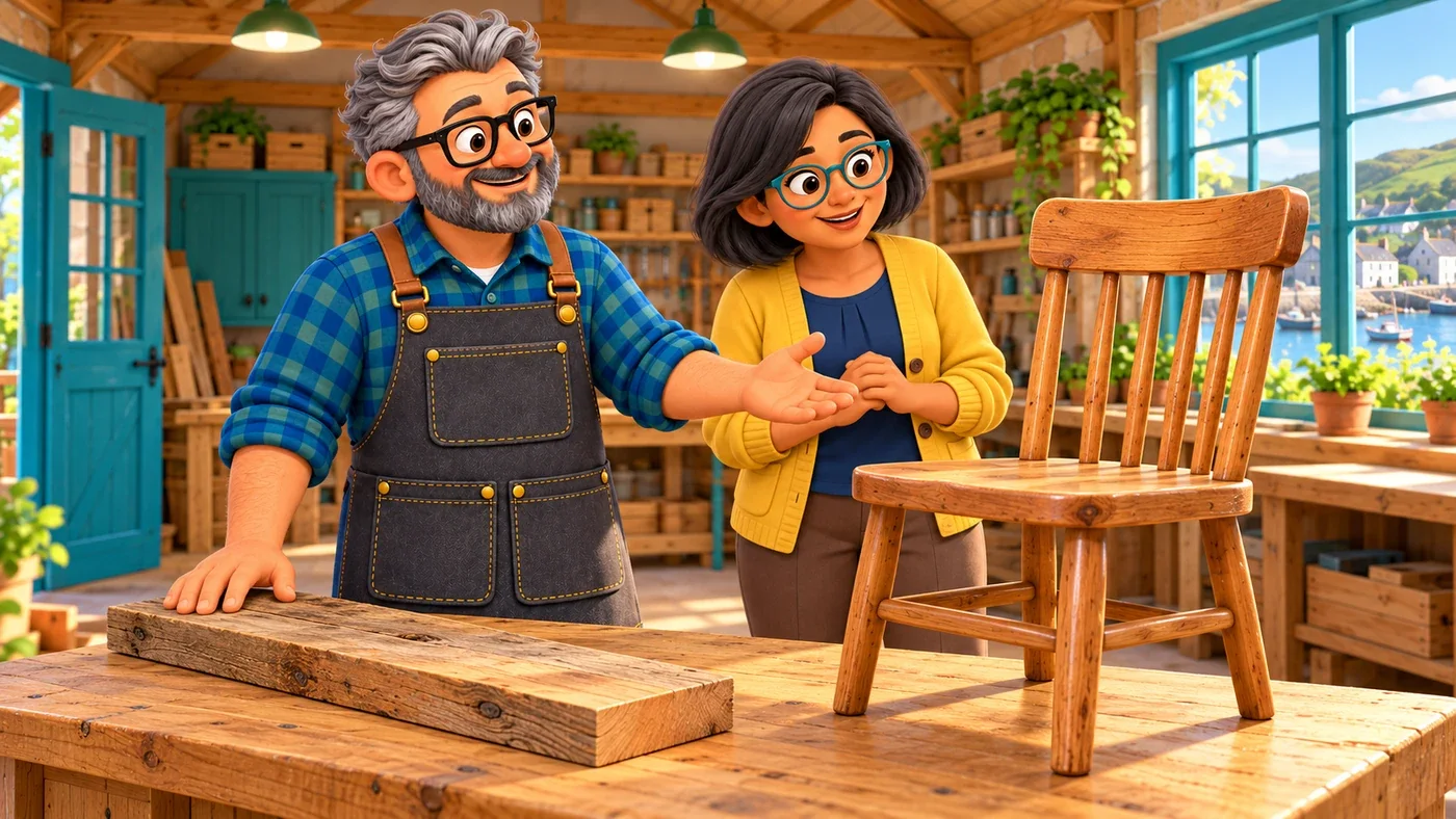 Back at the workshop, Stan shows Isla a sturdy repaired chair and a good plank on the bench.