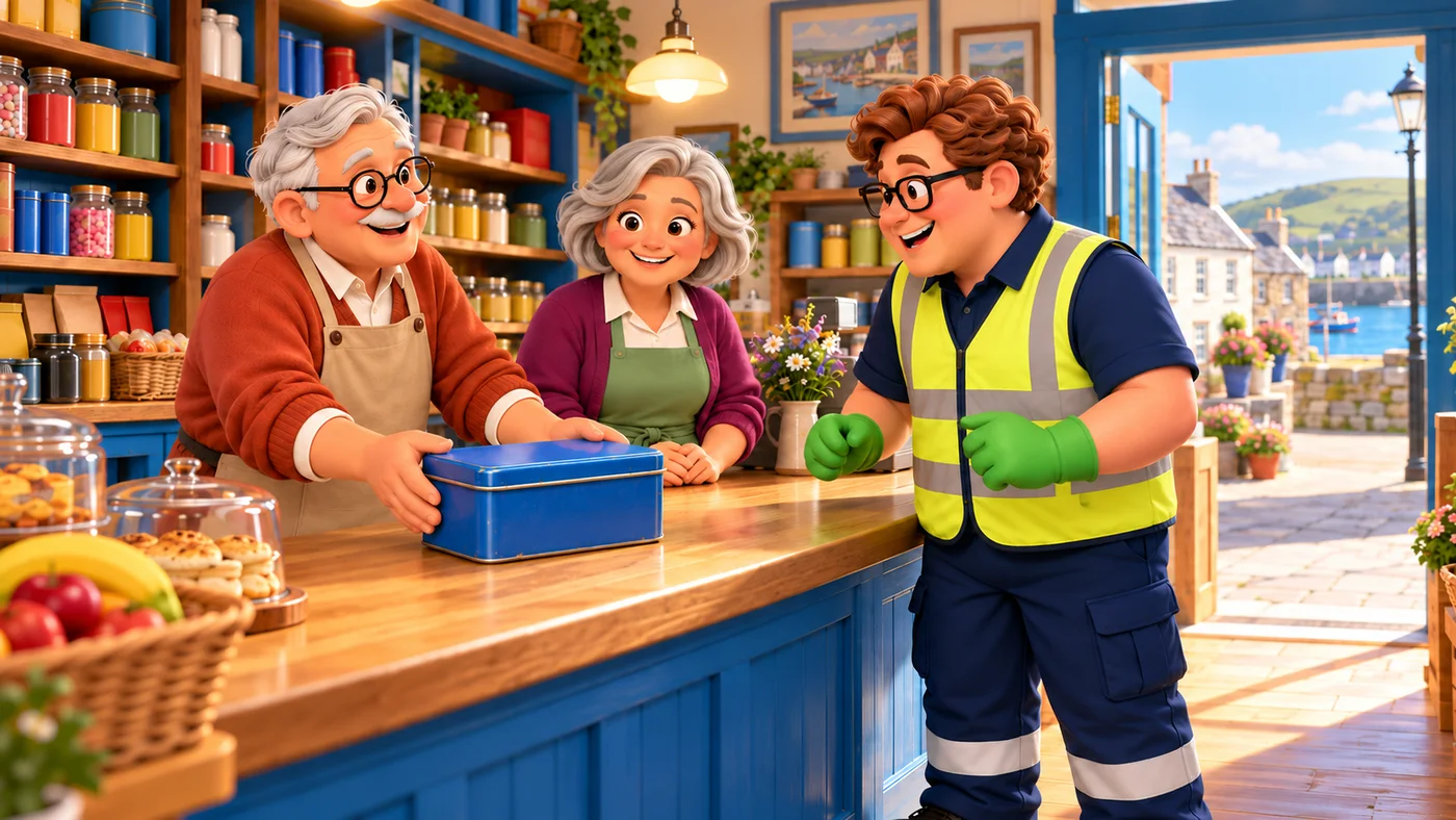 Tommy puts an old blue enamel tin on the counter.